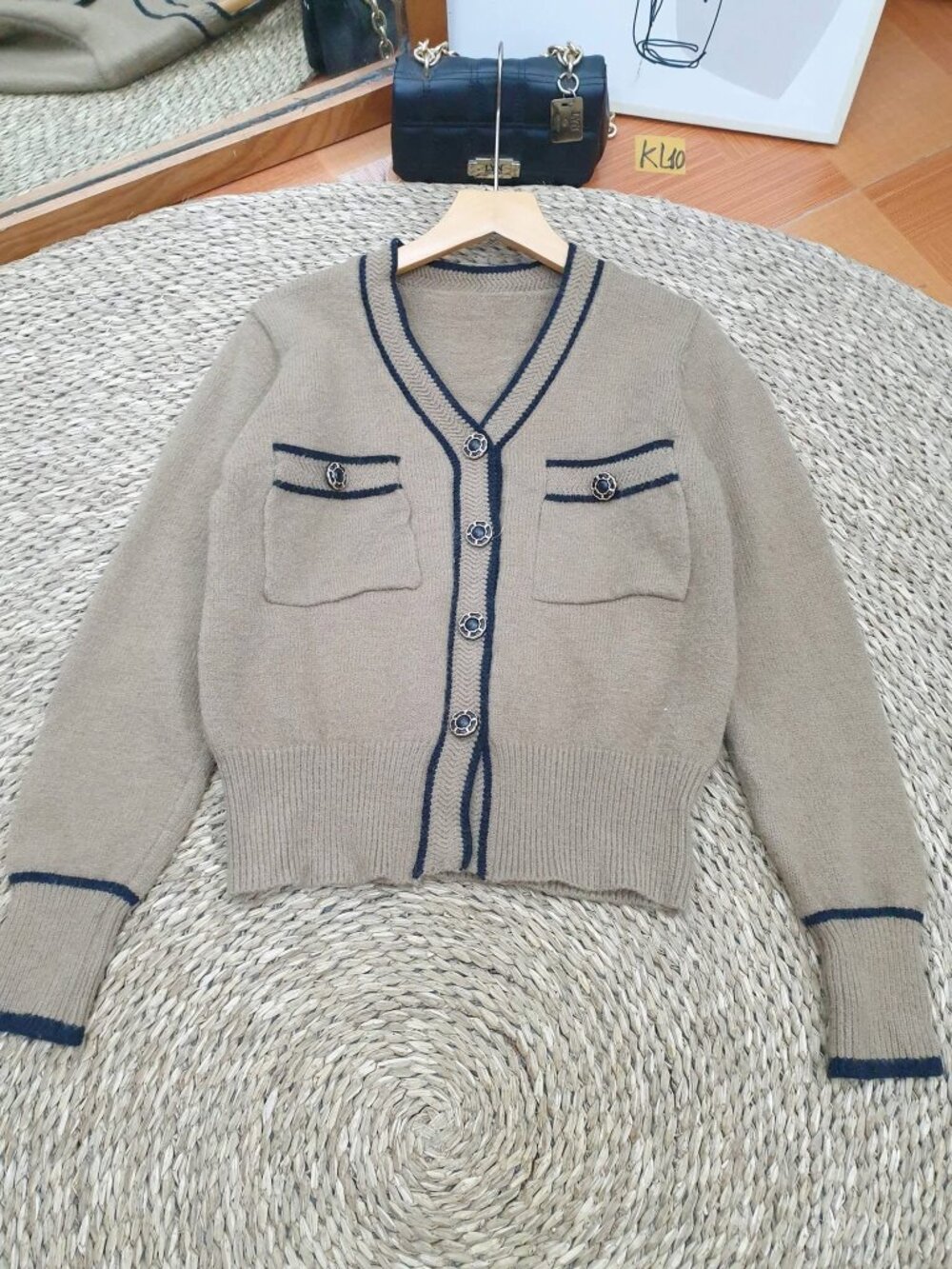 Taupe Navy Trim Knit Cardigan Ornate Button V Neck Chic Sweater